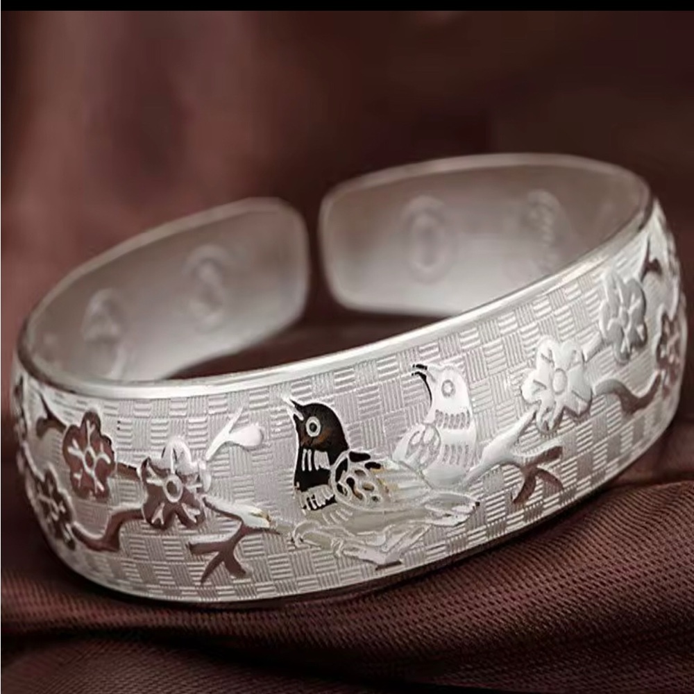 Sterling Silver Bird & Floral Cuff Bracelet